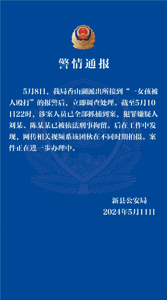 河南新县警方通报"女孩被人殴打"事件:涉案人员已全部抓捕到案