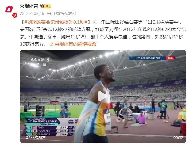美国选手廷奇打破刘翔保持了13年的纪录！12秒87夺冠 