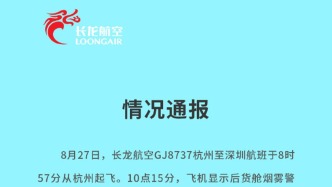 浙江长龙航空通报一航班触发烟雾警告：判断为“偶发的飞机假警告”