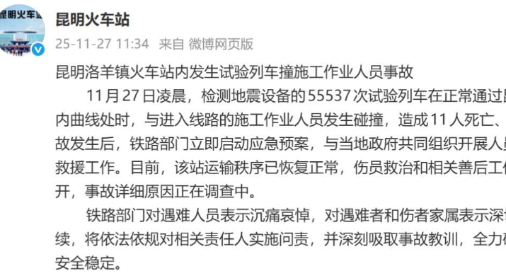 试验列车昆明铁路曾发文当地将开展为期近一个月的换轨施工