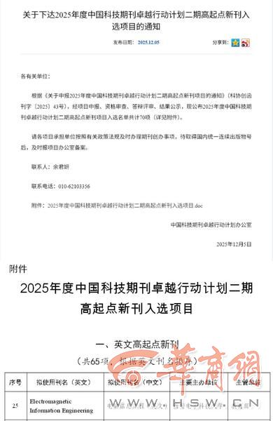 《电磁信息工程（英文）》入选中国科技期刊卓越行动计划高起点新刊