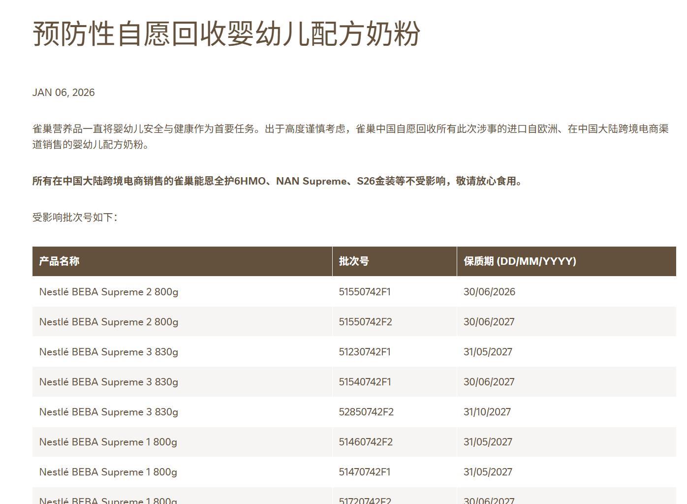 雀巢预防性召回部分婴幼儿奶粉 涉及在中国大陆销售的特定批次