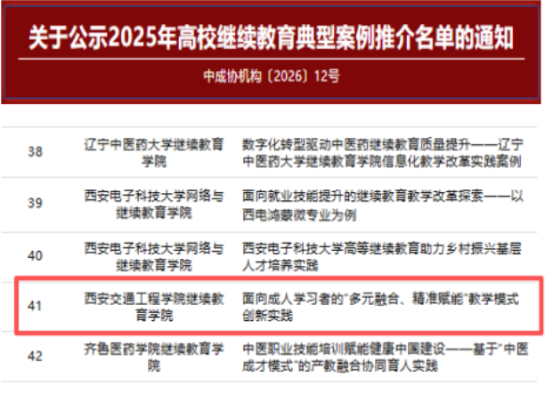 西安交通工程学院1项案例入选2025年高校继续教育典型案例推介名单