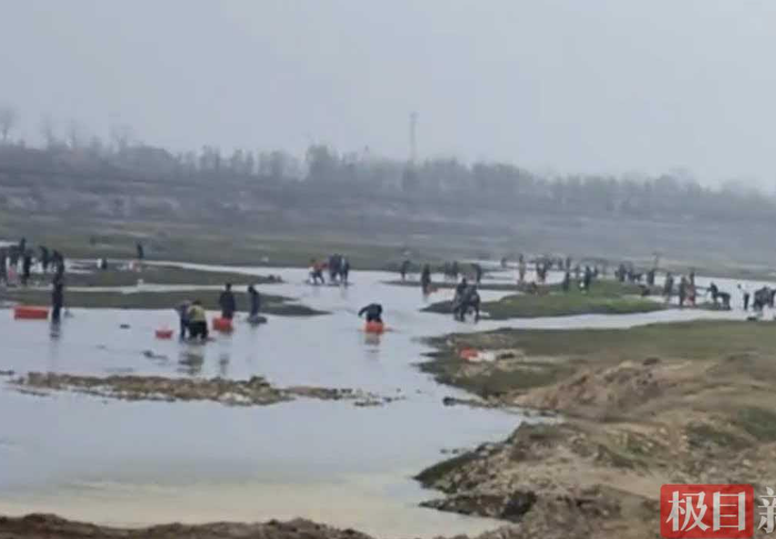 大量民众涌入河里捕捞河蚌场面壮观 当地：马上就到禁渔期