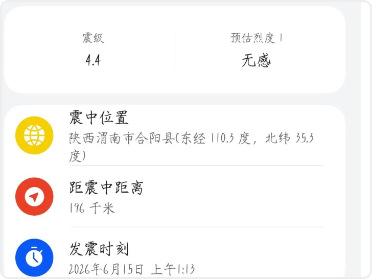 陕西渭南市合阳县发生4.1级地震 工作队已赶赴震区