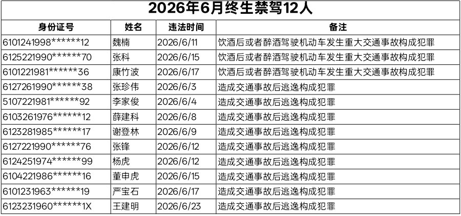 陕西曝光6月终生禁驾人员名单