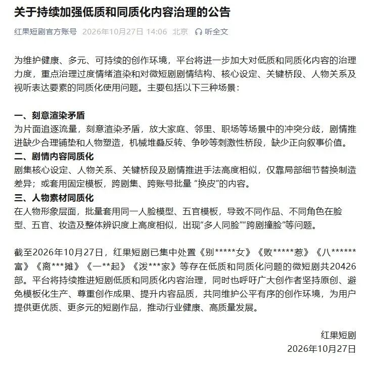 红果短剧：治理批量 “换皮”“多人同脸”“跨剧撞脸”等问题 已处置存在低质和同质化问题的微短剧共20426部